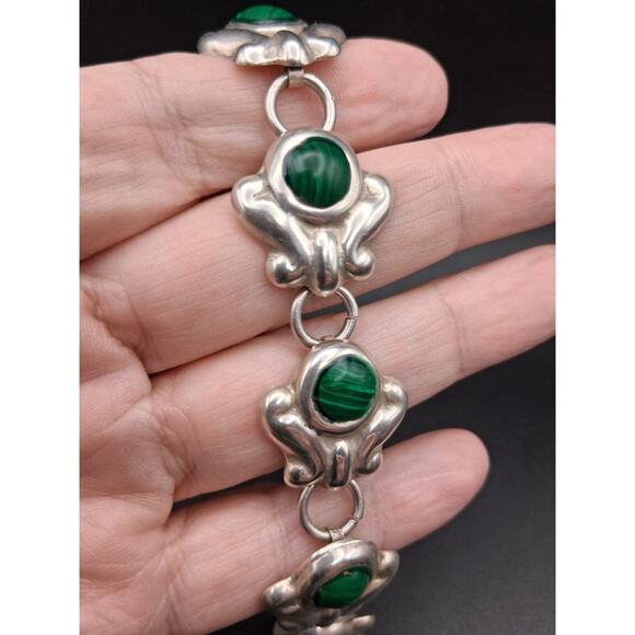 Malachite Link Bracelet, Southwestern, Signed, Mexican, Vintage, Sterling Silver - Picture 2 of 12